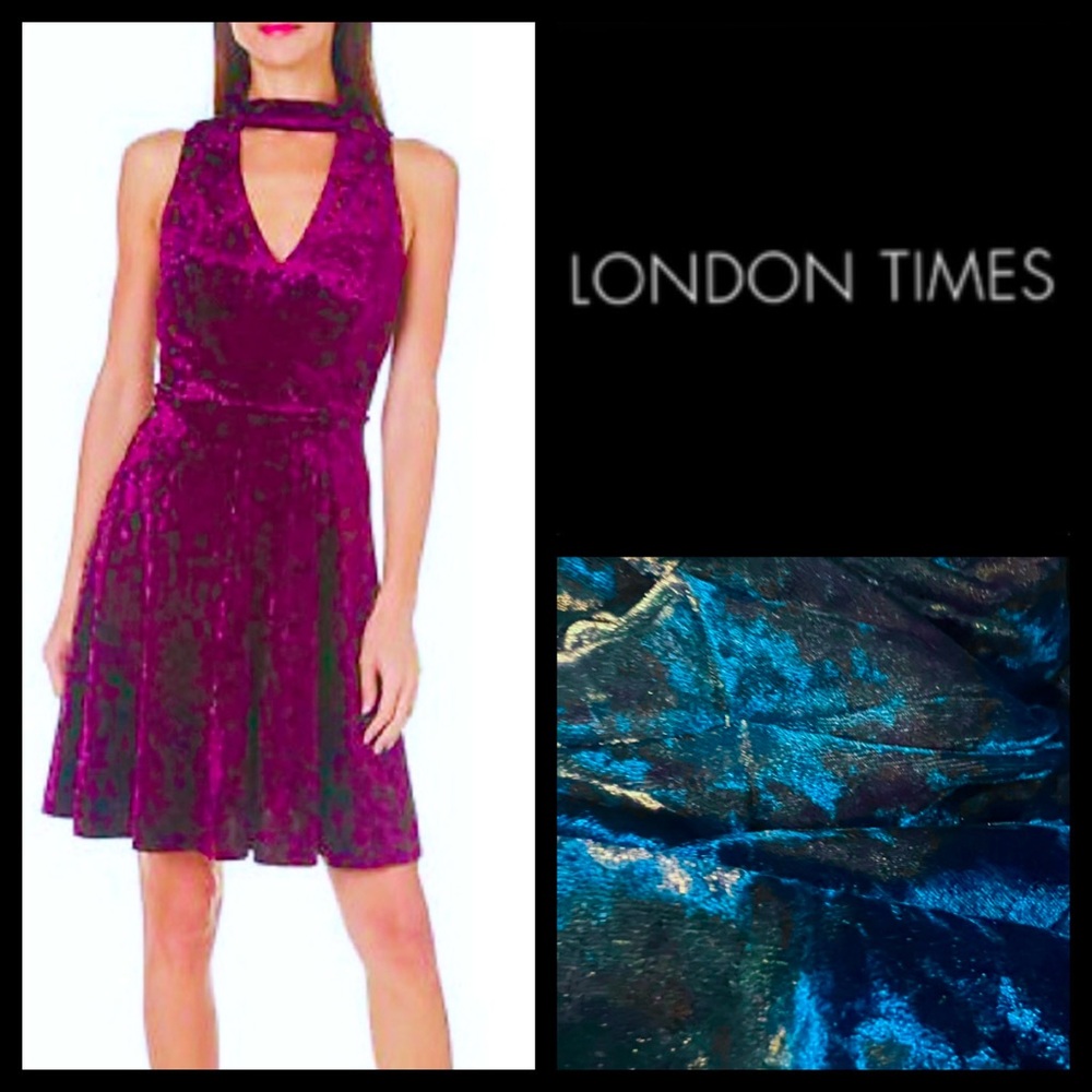 NWOT London Times Crushed Velvet Choker Neck Teal Dress